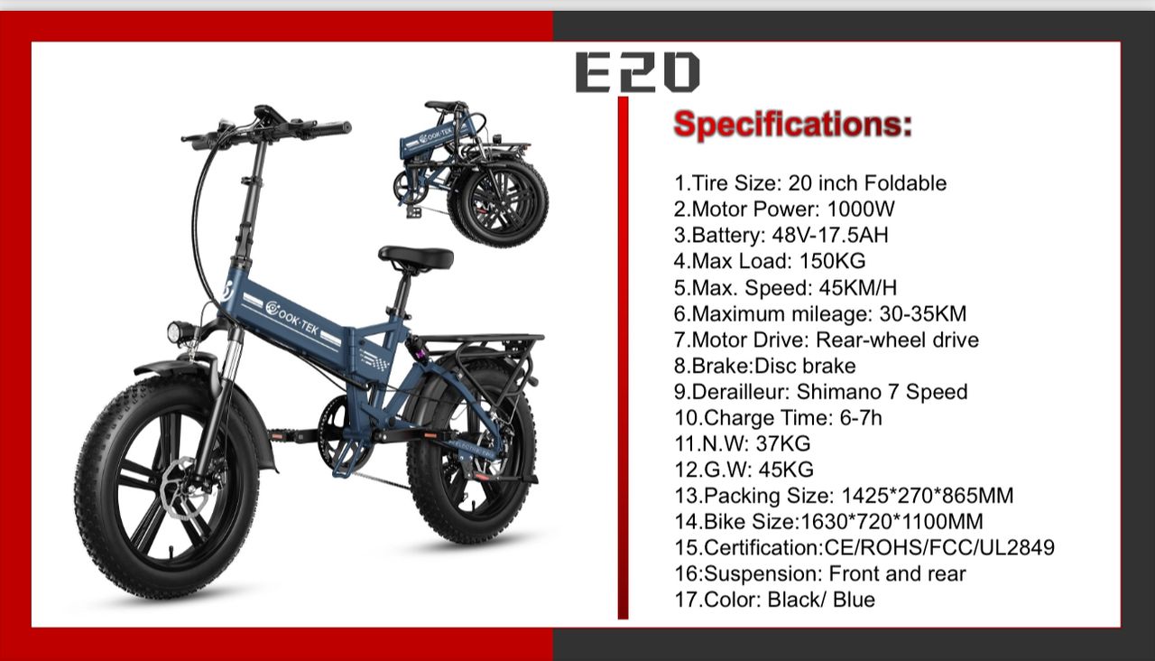 E-Bike, Faltbar Fahrrad, 20 Zoll, 1000 Watt E-Bike, Faltbar Fahrrad, 20 Zoll, 1000 Watt