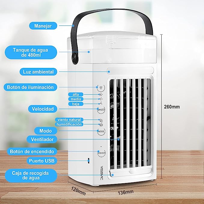 YISSVIC Mini tragbare Klimaanlage, Mini-Luftkühler mit 3 Geschwindigkeiten und 7 Farben Licht für Zuhause, Büro, Auto usw.